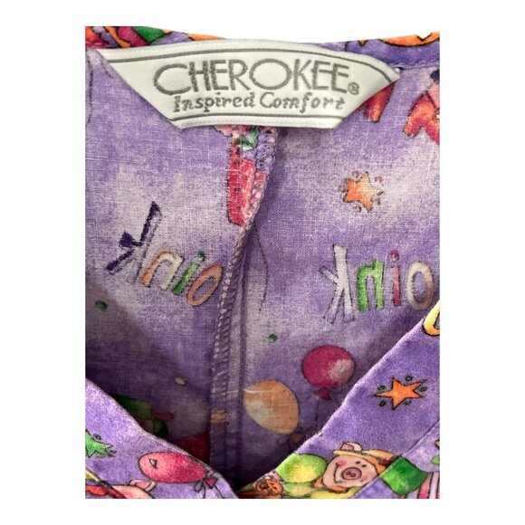 Cherokee Inspired Comfort Women’s Scrub Top – Purple Pig Clown Balloon Print Siz - Picture 2 of 4